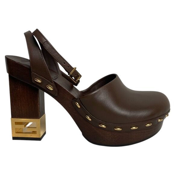 Womens Fendi Clog Vitello Heels Closed Toe Leather Sandals Coffee Brown Size 38 - Picture 1 of 8